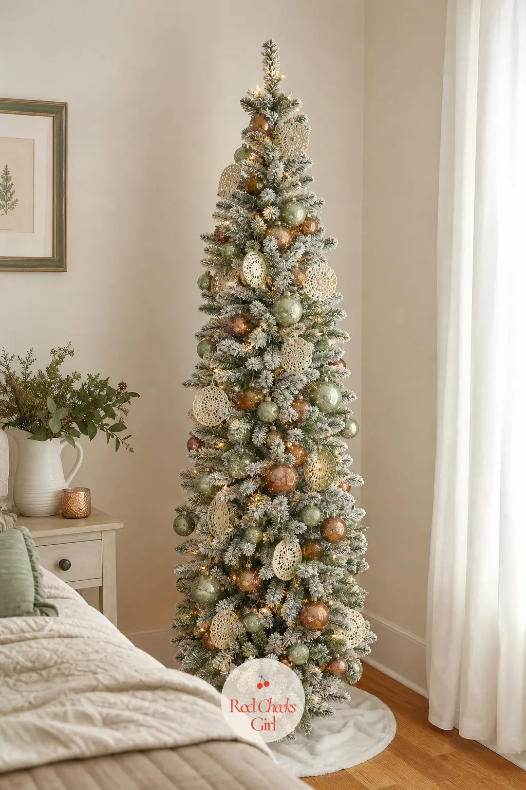 The Flocked Pencil Tree in Sage and Copper — A slim, pre-lit artificial flocked pencil tree for a bedroom corner, trading the real tree's burgundy and gold for
