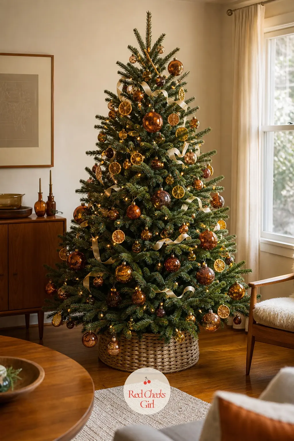 The Kugel Glass Tree Catching Amber Light — A real, full and wide fir built around antique kugel-style glass balls in amber and copper, heavier and glossier