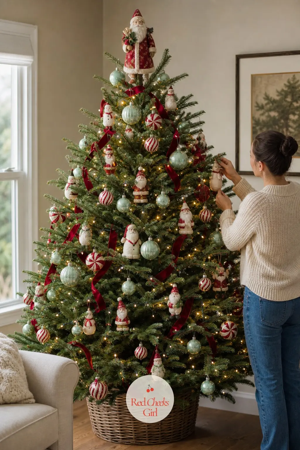 The Peppermint Spun Cotton Tree in the Family Room — A real, full and wide fir in cranberry red, white and mint green, trimmed with spun cotton Santas and
