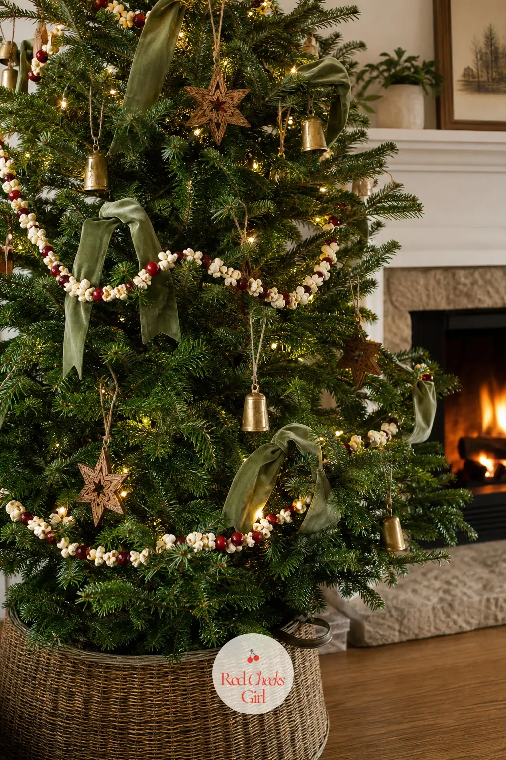 The Popcorn and Cranberry Fir by the Fireplace — A real, full and wide fir strung with a long popcorn and cranberry garland the old way, one thread at a time