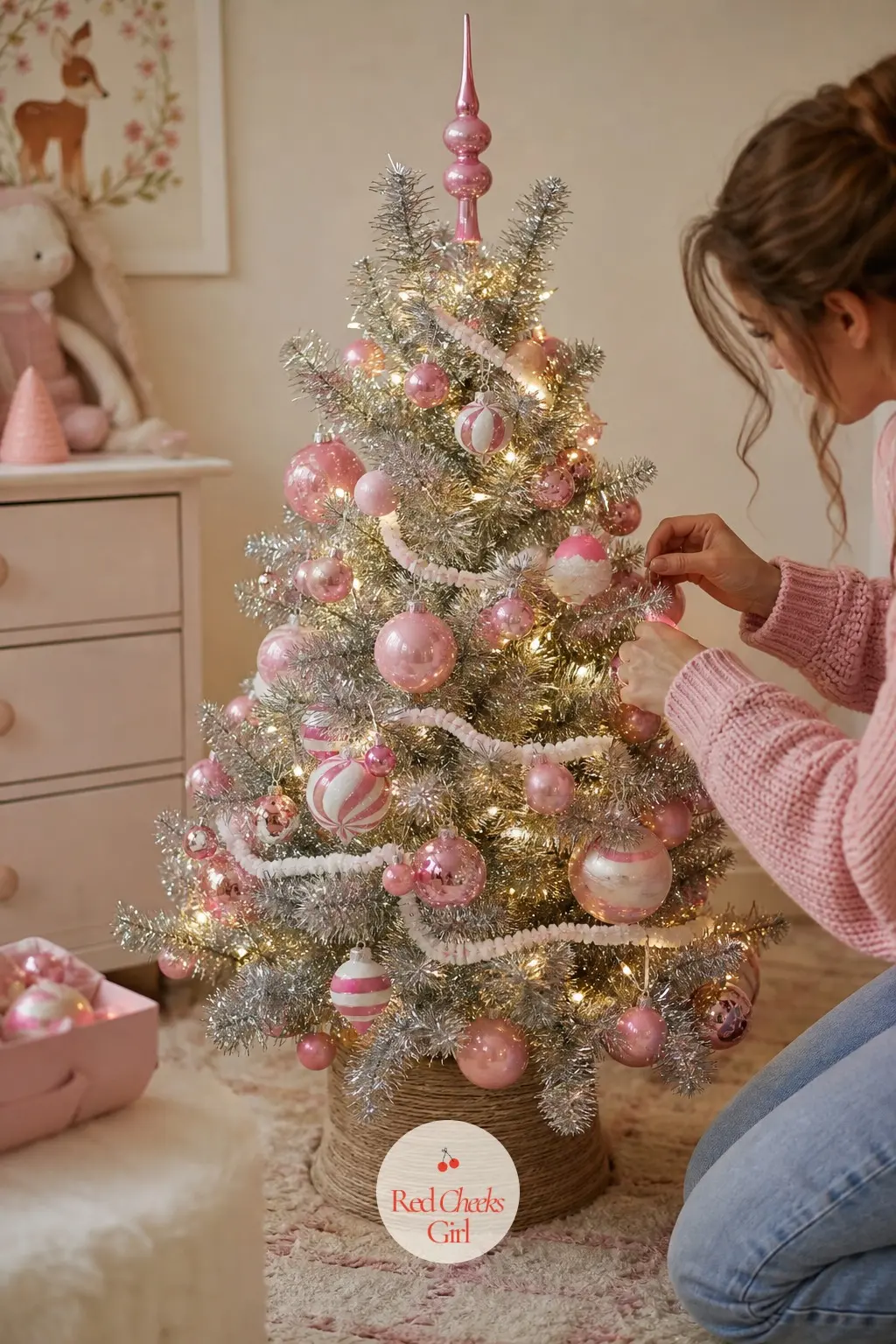 The Silver Tinsel Tabletop Tree in Bubblegum Pink — A small silver tinsel tabletop tree, the kind that used to sit on a bedroom dresser, dressed entirely in