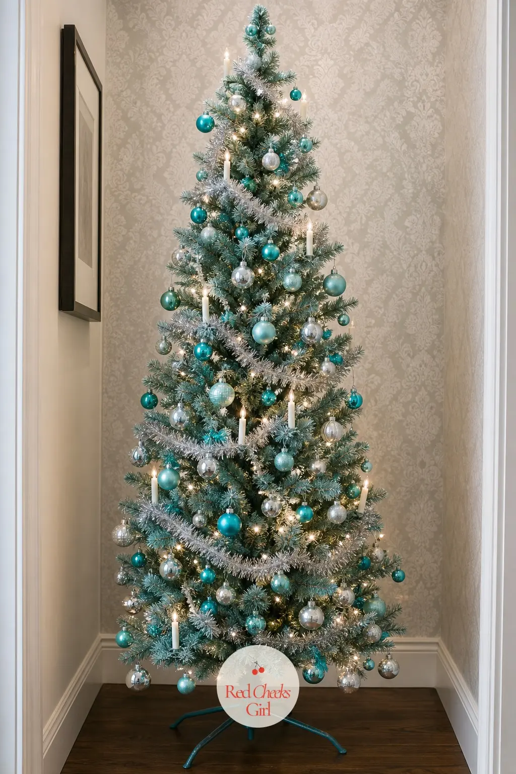 The Turquoise Pencil Tree Tucked Into the Hallway — A slim, pre-lit artificial pencil tree solves the problem of a narrow hallway while still carrying the