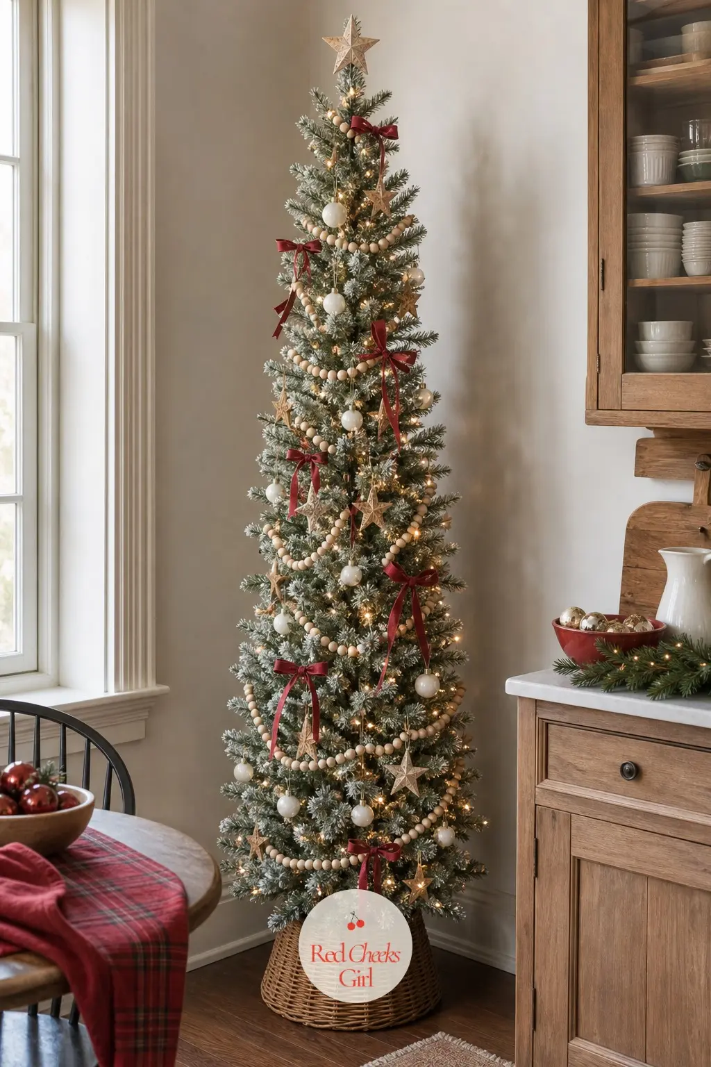 The Wooden Bead Tree Tucked Into the Kitchen Nook — A slim, pre-lit artificial pencil tree for a kitchen nook, wrapped in a wooden bead garland instead of