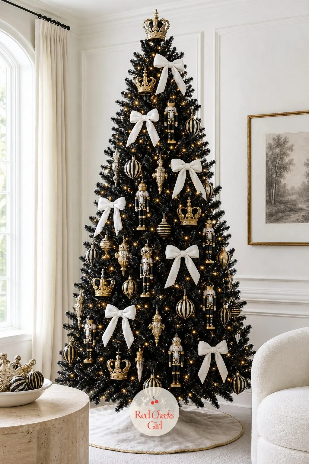 A Black Artificial Tree Styled as the Mouse King's Court — A black, pre-lit artificial tree taken floor to ceiling, built around gold crown ornaments and