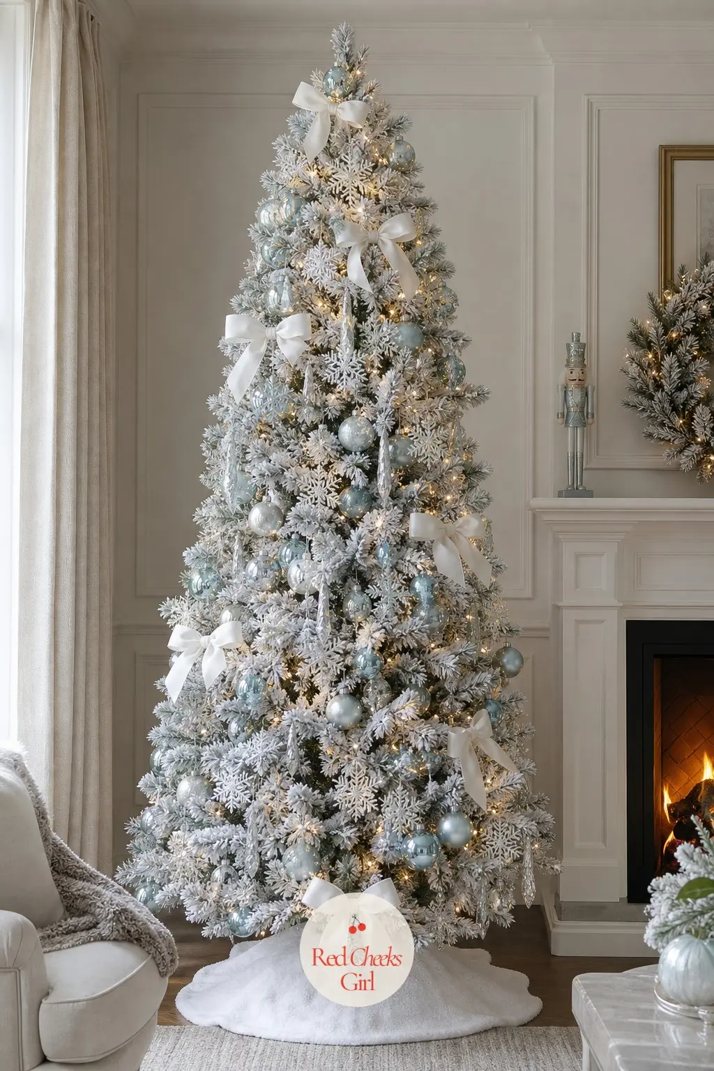 A Flocked Artificial Tree for the Snow Scene — This is the full ballet snow scene translated onto one tree: a flocked artificial fir, silver snowflakes layered