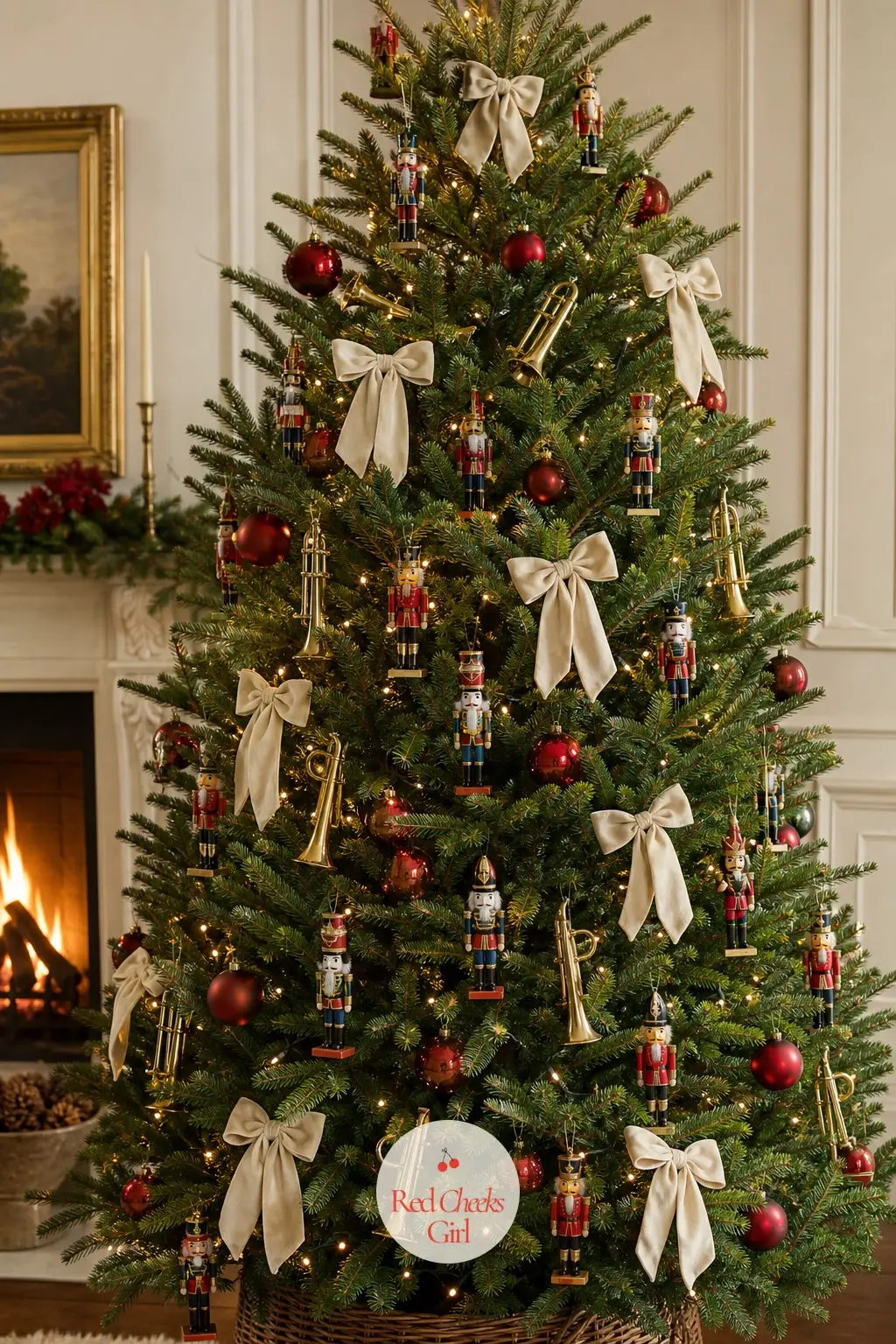 A Floor-to-Ceiling Fir Standing at Full Attention — This is the anchor tree of the whole collection: a real noble fir taken right up to the ceiling, dense