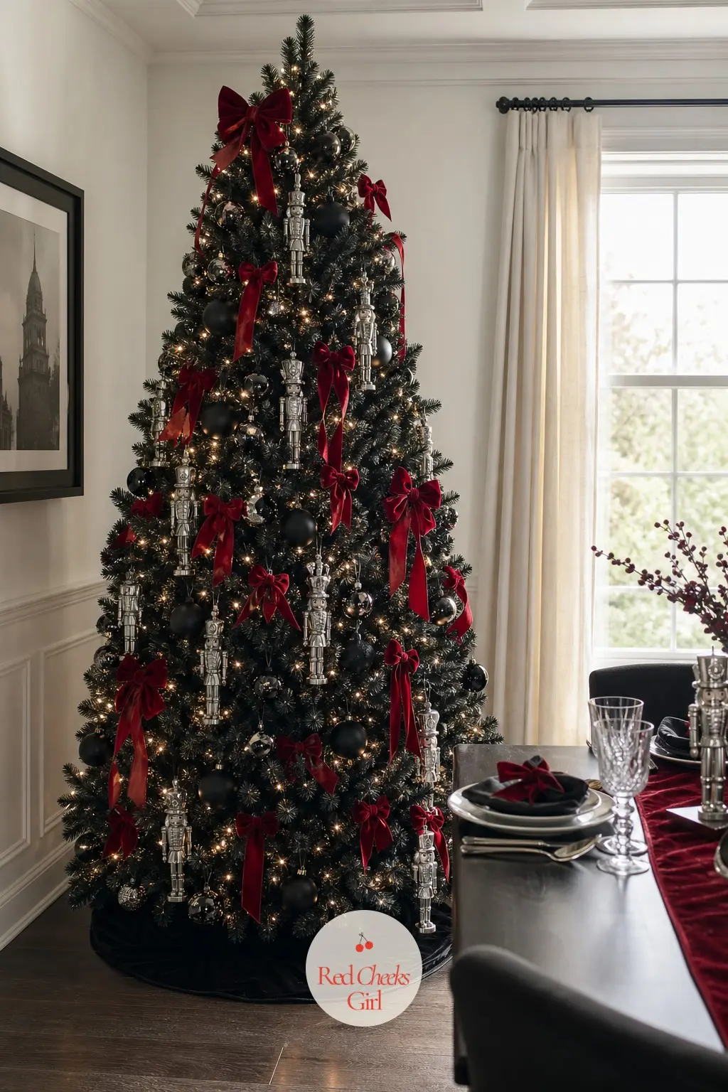 A Full Black Tree Finished With Silver Soldiers — A full, wide black artificial tree, the counterpart to the slim pencil tree in this section, with silver