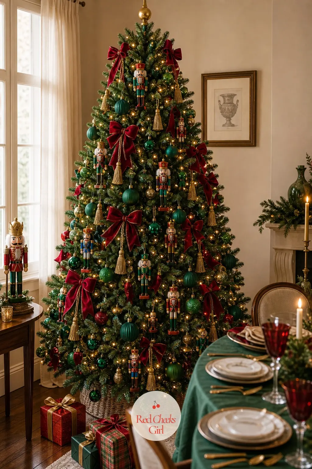 A Full and Lush Tree in Jewel Tones for the Dining Room — Where the sparse spruce leans soft, this artificial tree goes full and lush, dense enough to carry