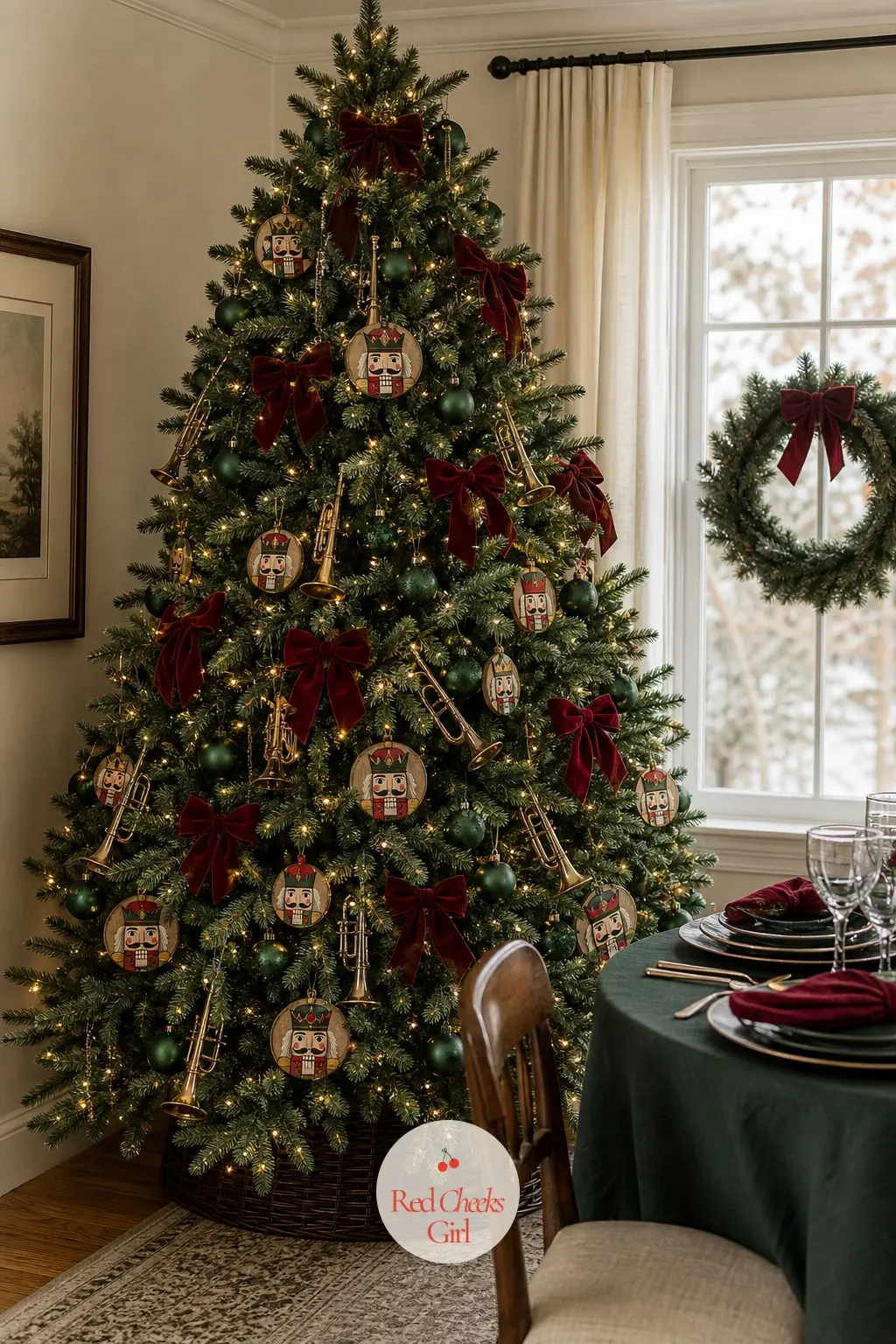 A Full and Wide Tree Filling the Dining Room Corner — Where the first tree in this section is tall and narrow, this one goes the other way: full and wide