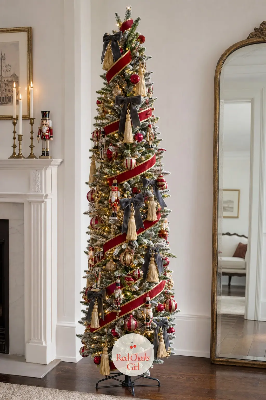 A Graphic Pencil Tree in Regimental Stripes — A slim, pre-lit pencil tree wrapped in a crimson-and-gold striped ribbon spiral instead of hung ornaments doing