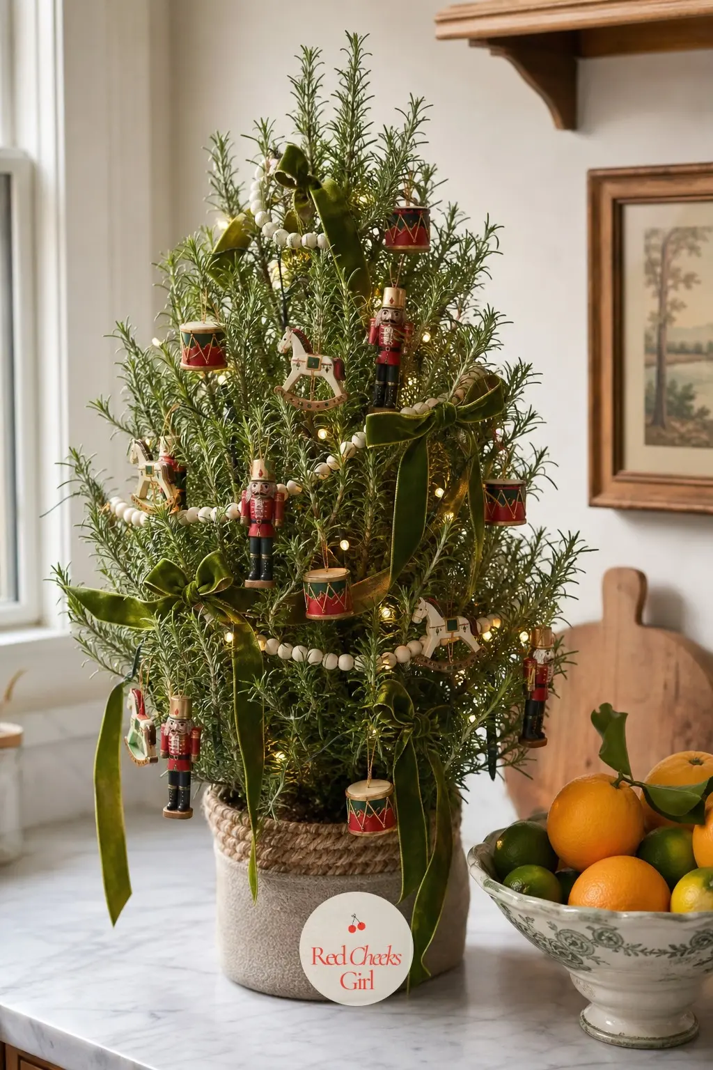 A Potted Rosemary Tree Styled as a Toymaker's Bench — A small, real potted rosemary standing in for a tree, carrying only miniature wooden toys, drums and tiny