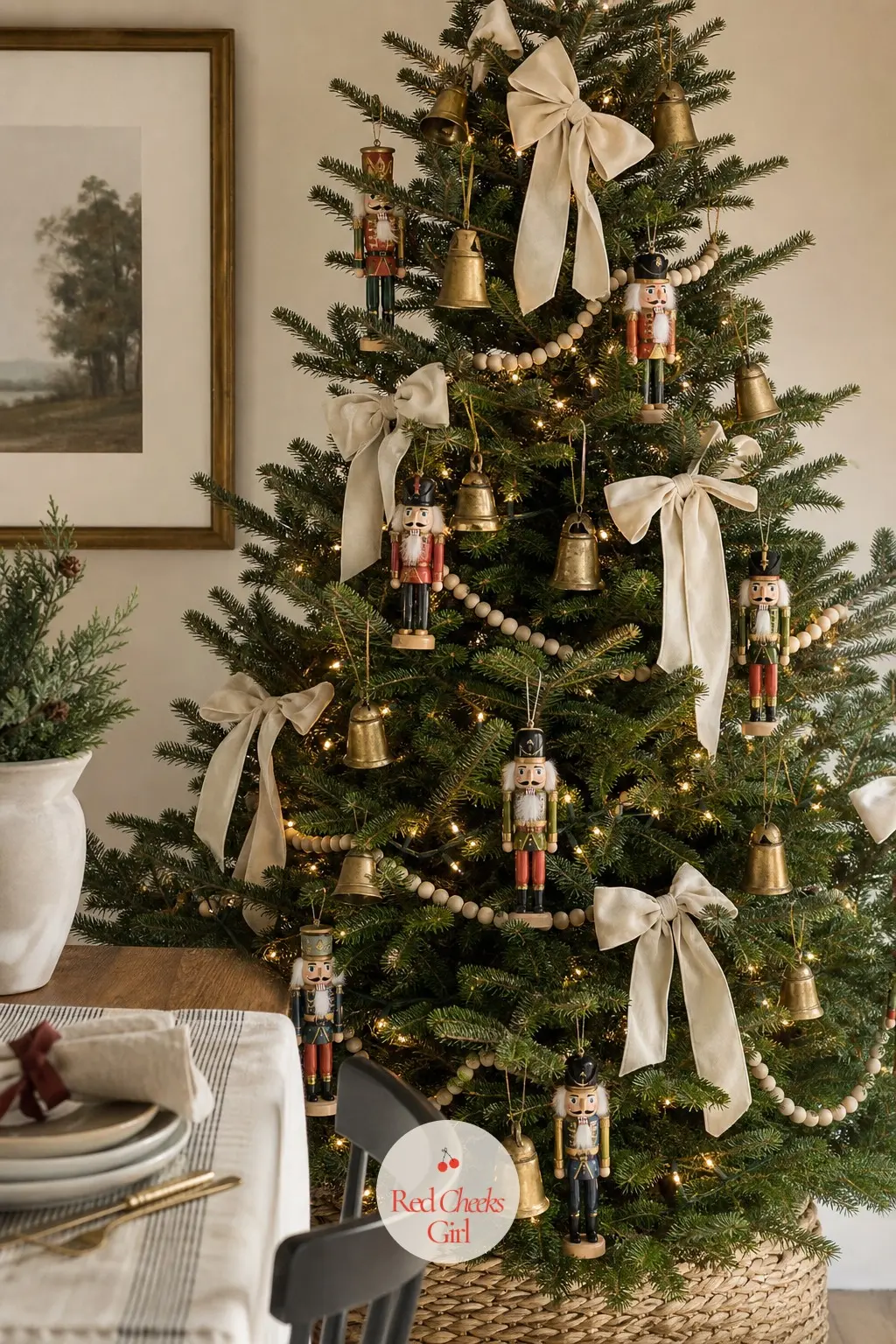 A Real Fir Hung With Hand-Carved Soldiers — This full, wide fir leans into the toymaker's workshop rather than the ballet stage: hand-carved style wooden