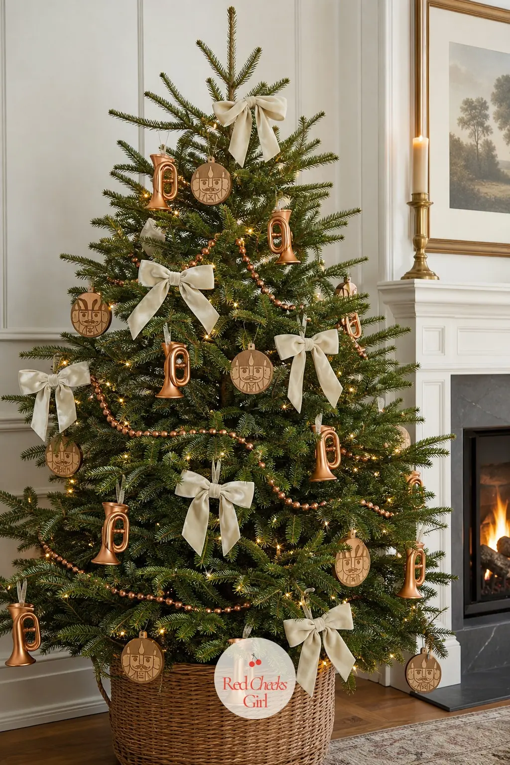 A Real Fir Wrapped in Brass and Oak — A full, wide real fir carrying copper trumpet ornaments and oak-wood disc faces, the warmest and most metallic of the