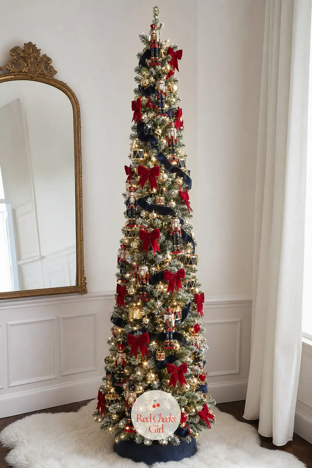 A Slim Pencil Tree Marching Soldiers Up One Side — A pre-lit pencil tree solves the narrow-corner problem while still telling the full nutcracker story.