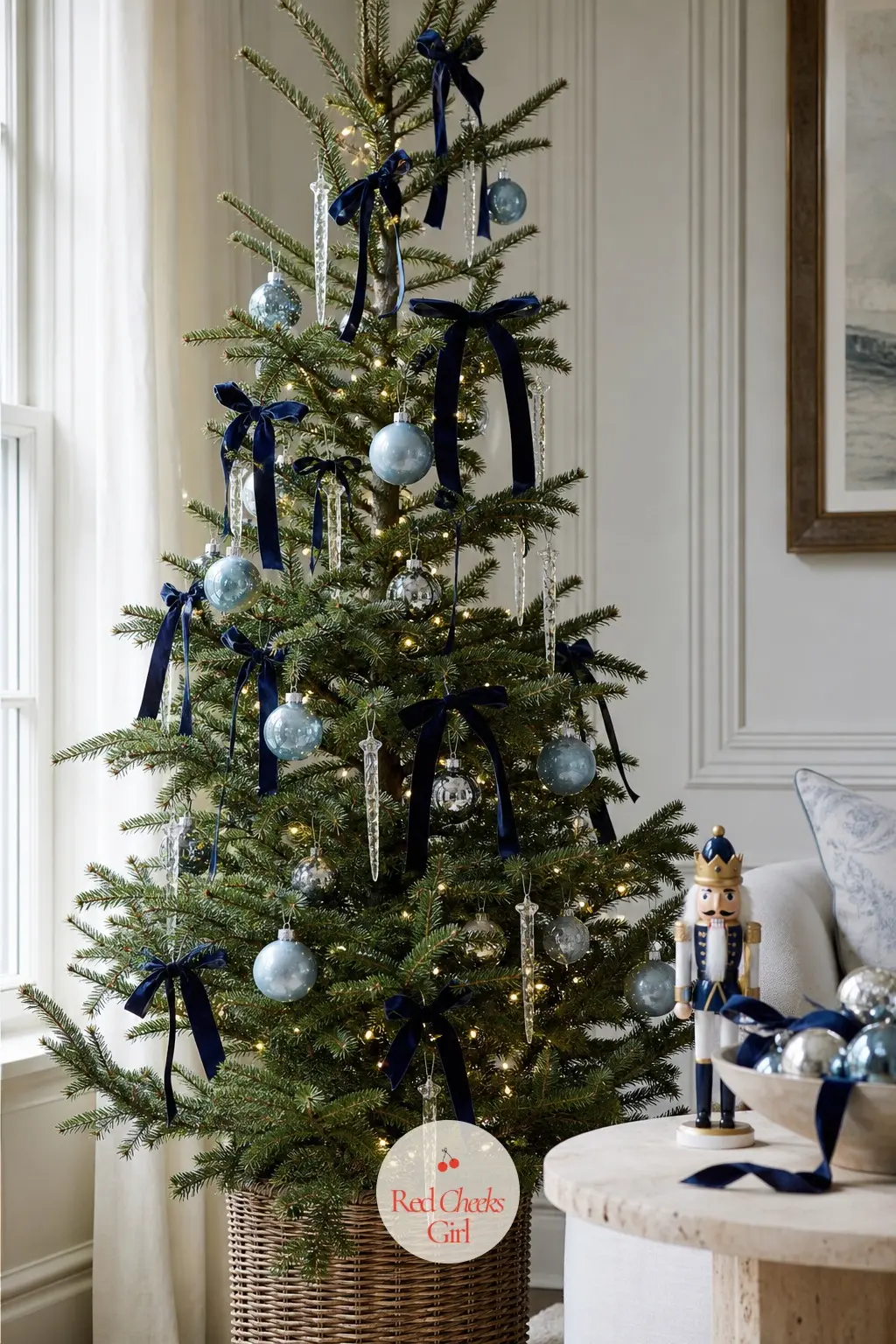 A Slim Potted Spruce Catching the Window Light — A real, narrow potted spruce standing near a window, chosen specifically so the clear glass icicles catch