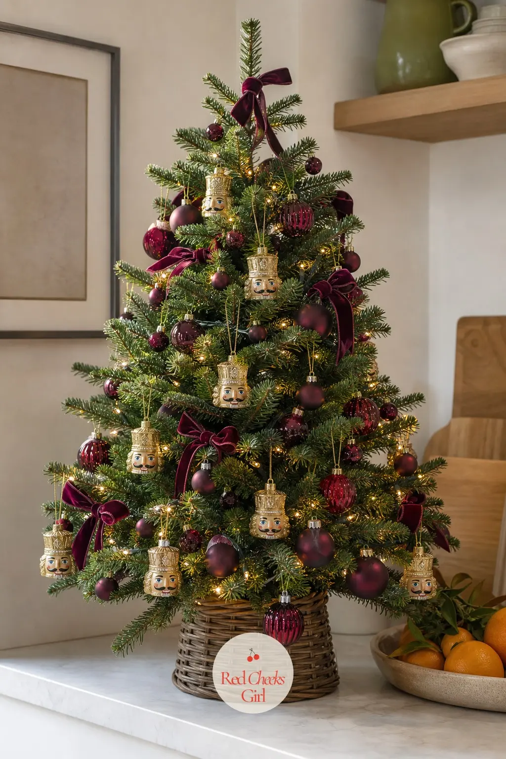 A Small Side-Table Tree Dressed in Amethyst and Garnet — This one keeps the jewel-tone mood but shrinks it down to a side table: a real small tree carrying