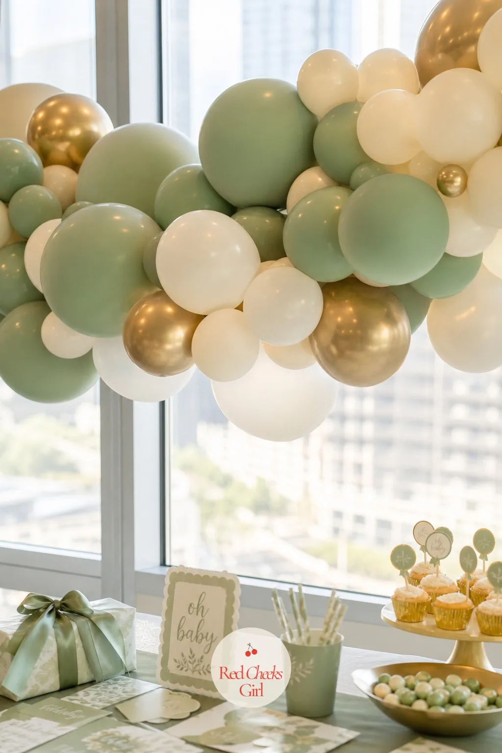 Balloon Garland Across The Window — A conference room with grey chairs and a dry erase board does not scream celebration, which is exactly the point of hanging