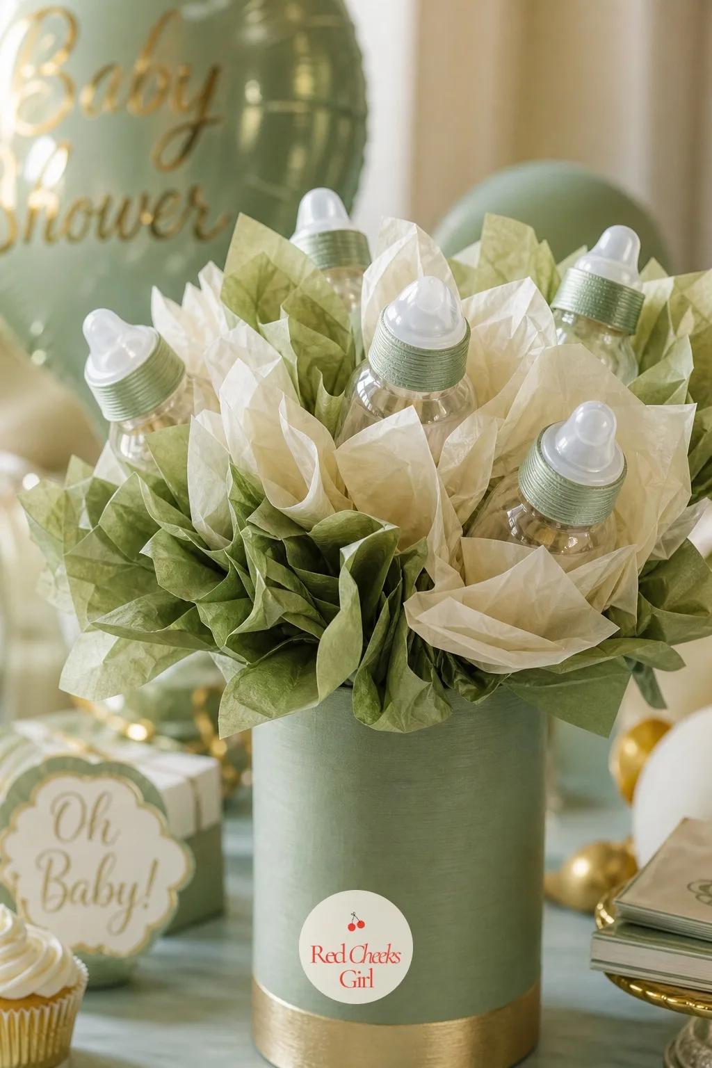 A Bottle Bouquet In A Vase — A vase of flowers on an office table reads as default decor; a vase that turns out to be baby bottles arranged like stems gets a