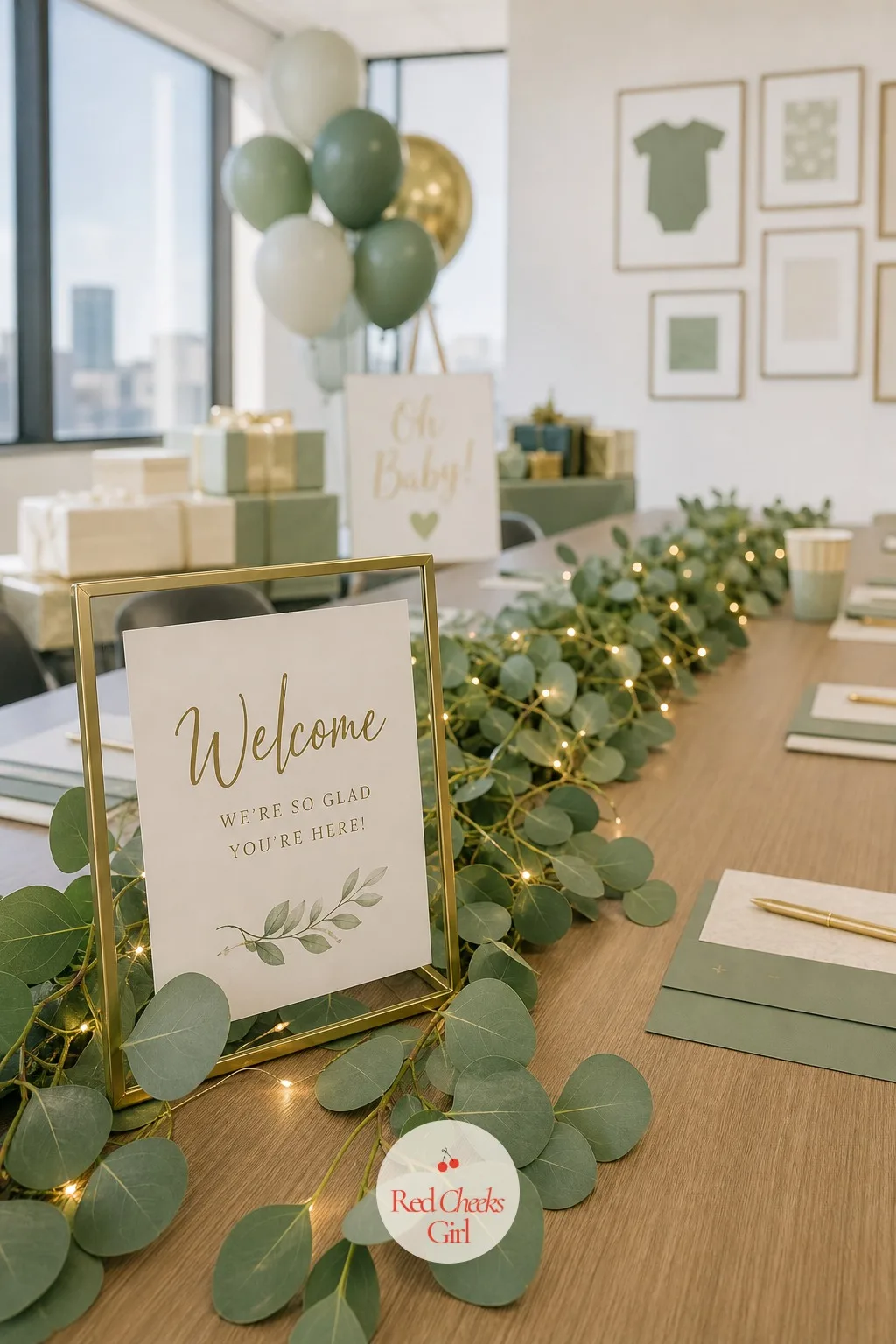 Fresh Greenery Table Runner With A Welcome Sign — For a conference room that goes straight back to client calls after lunch, this version packs down in under a