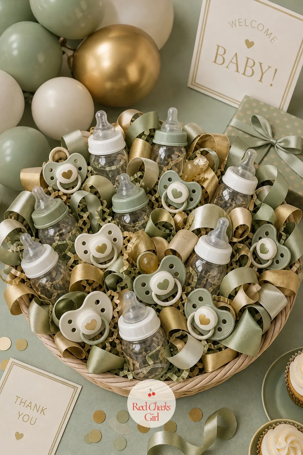 A Pacifier And Bottle Bouquet In A Low Basket — A tall centerpiece blocks sightlines across a long conference table, which is exactly why this version stays
