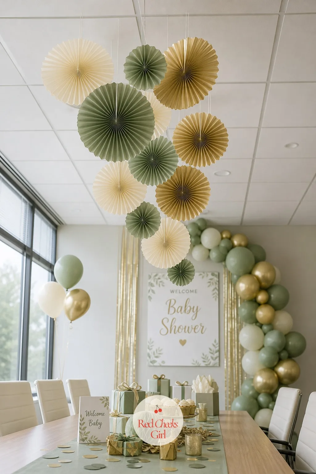 Paper Fan Ceiling Cascade — Some offices do not allow balloons near the ceiling sensors, and that is where this one earns its place. Office baby shower ideas