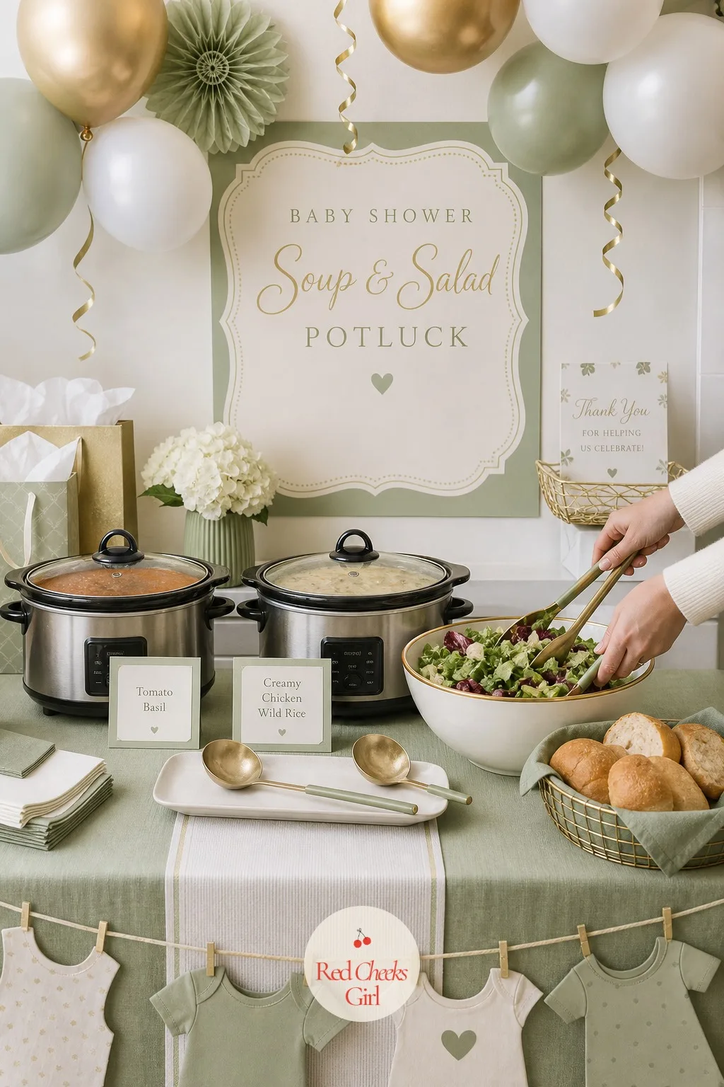 Soup And Salad Potluck Station — For a shower landing in the colder months, a bowl of something warm beats another round of sandwiches. Office baby shower ideas
