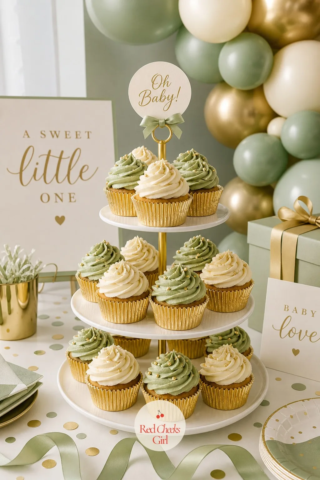 A Tiered Cupcake Tower — For a shower where people wander in across an hour instead of sitting down together, a cupcake tower works better than a cake that