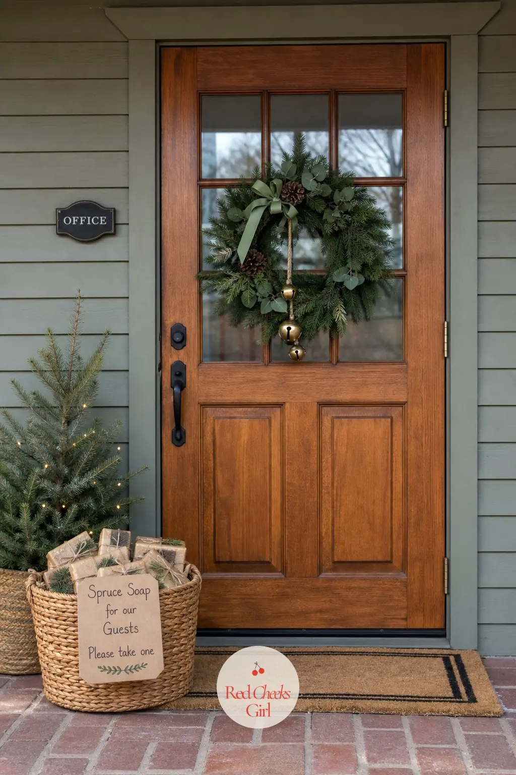 A Basket of Wrapped Spruce Soaps Left by the Door for Visitors to Take — A woven basket by the exit, filled with small bars of spruce scented soap wrapped in
