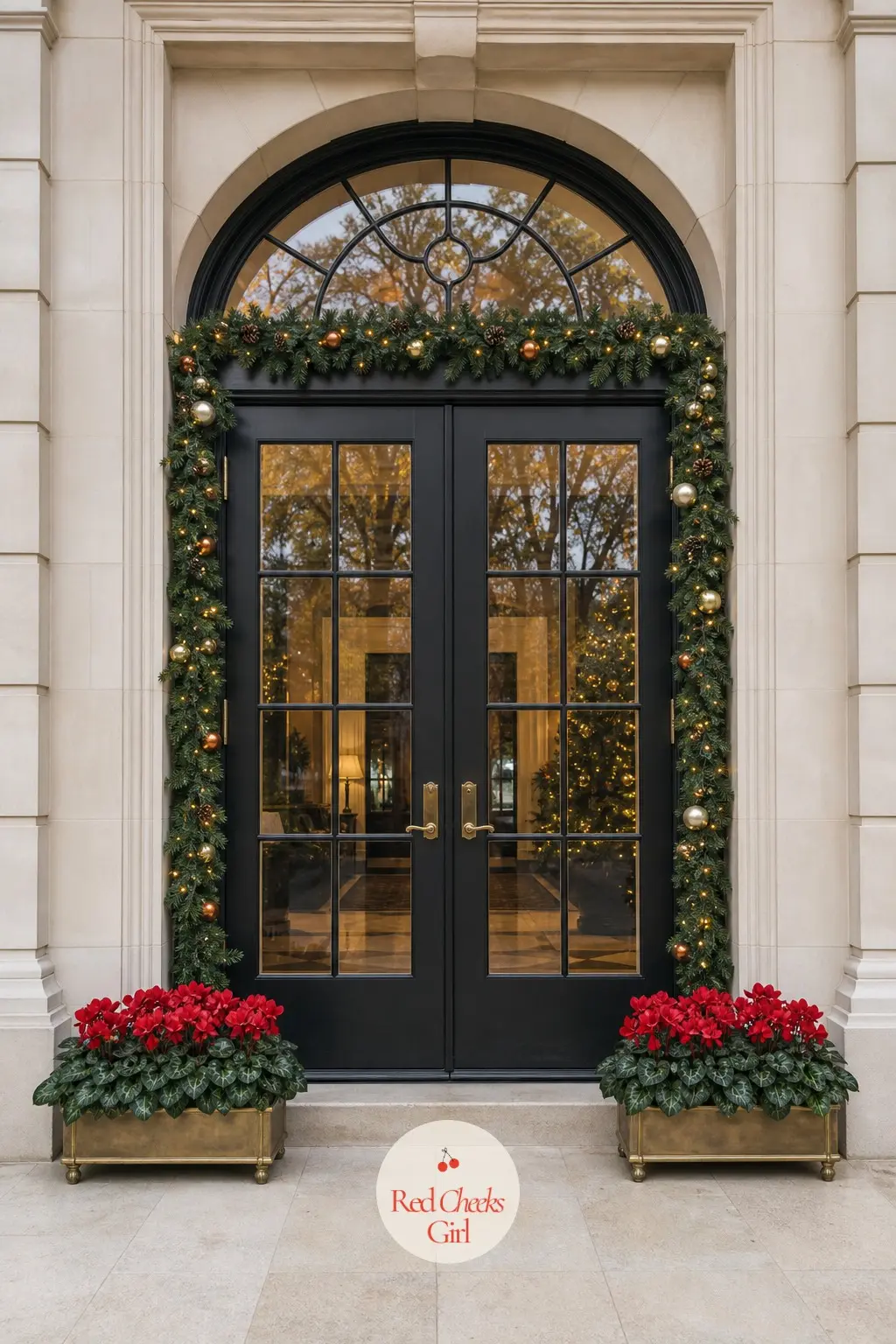 A Brass Boot Tray of Potted Cyclamen Flanking the Front Door — Two brass trays either side of the entrance, each holding a potted red cyclamen, turn a plain