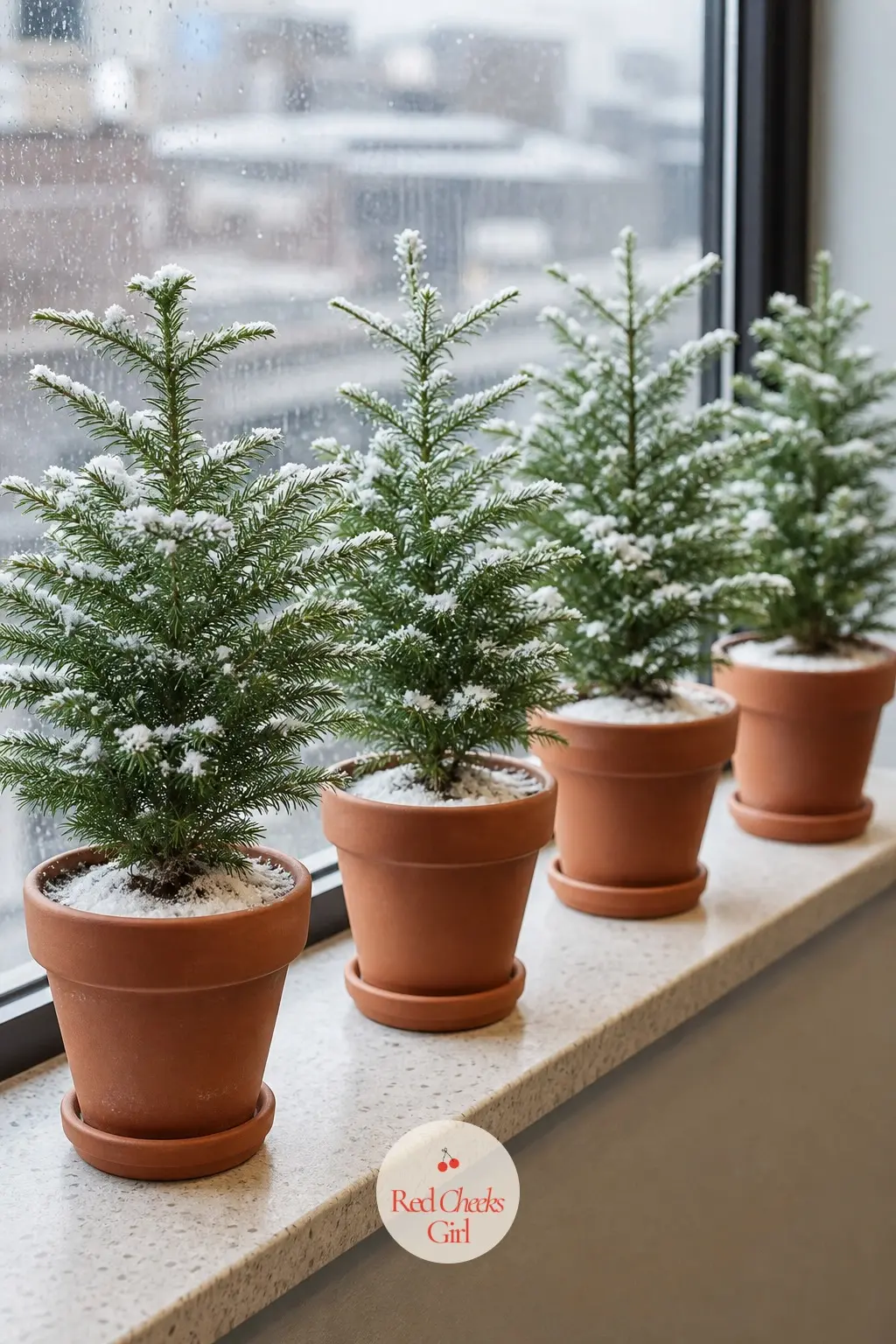 A Break Room Window Ledge Lined With Mini Potted Norfolk Pines — A row of small potted Norfolk pines along a break room windowsill gives the room a living edge