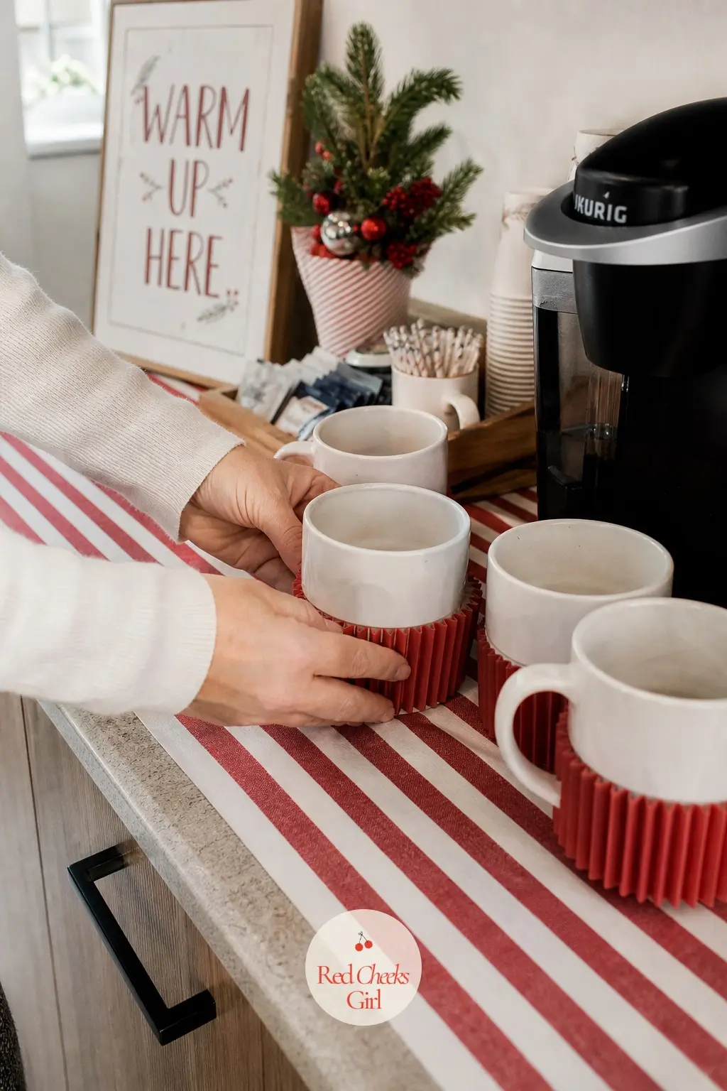 A Coffee Station Dressed With a Striped Runner and Pleated Paper Mug Cuffs — The coffee counter gets more daily traffic than almost anywhere else in the