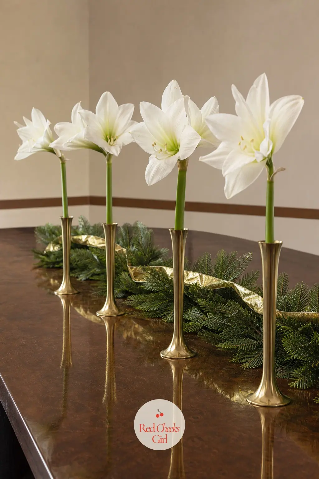 A Conference Table Centerpiece of Brass Bud Vases Holding White Amaryllis — A long conference table photographs better with a low, sparse centerpiece than a