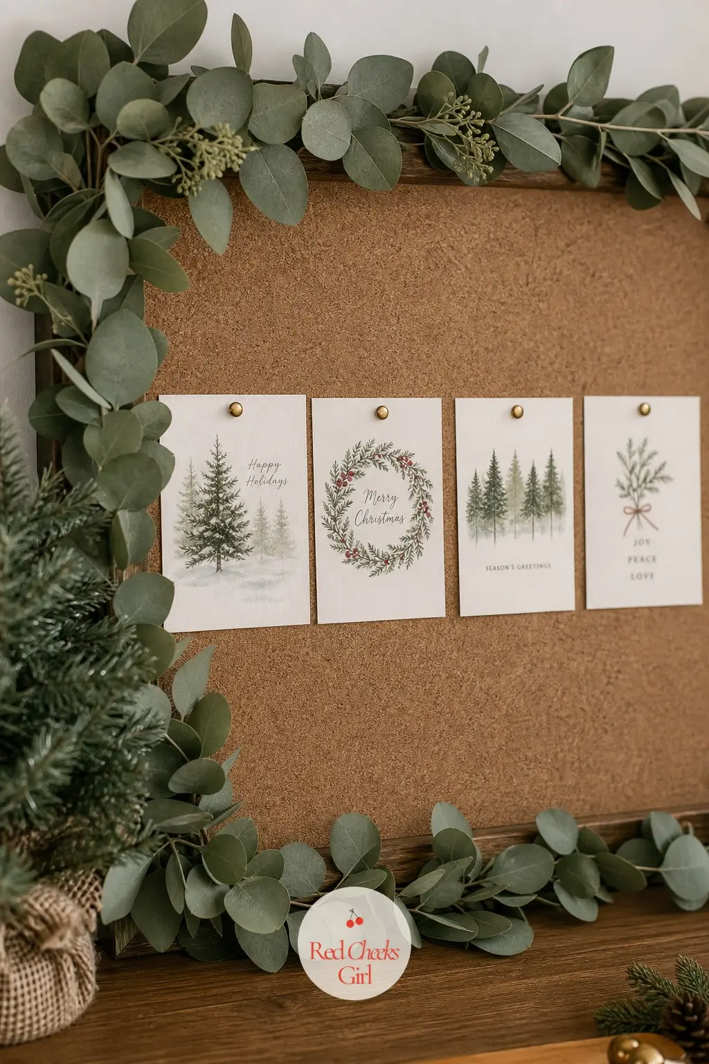 A Cork Board Framed in Fresh Eucalyptus and Pinned With Holiday Postcards — A cork board earns its keep year round, so framing the edge in eucalyptus for a few