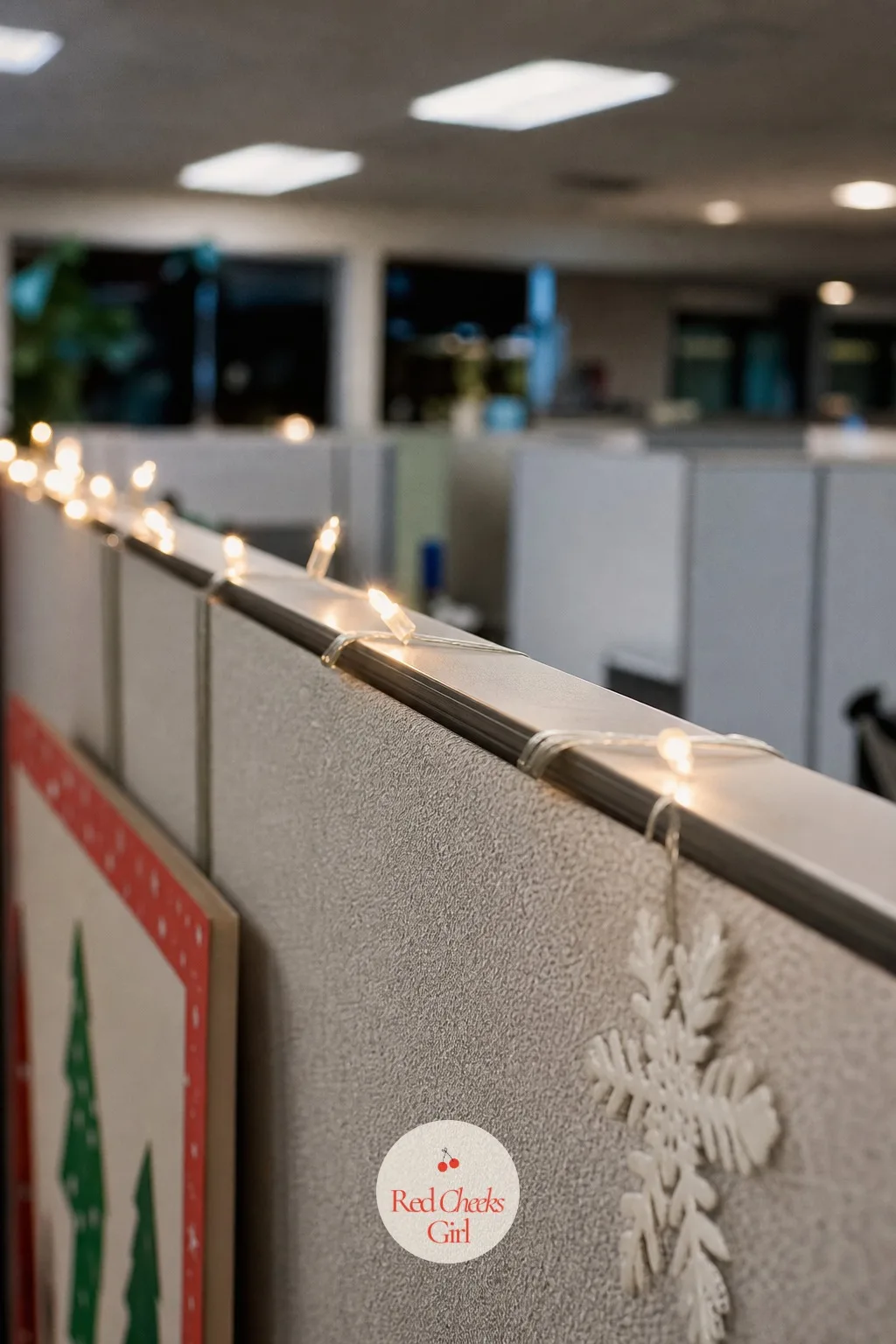 Battery String Lights Along the Top Rail — Plugging anything in near a cubicle is a small negotiation with facilities, shared power strips and whoever sits on