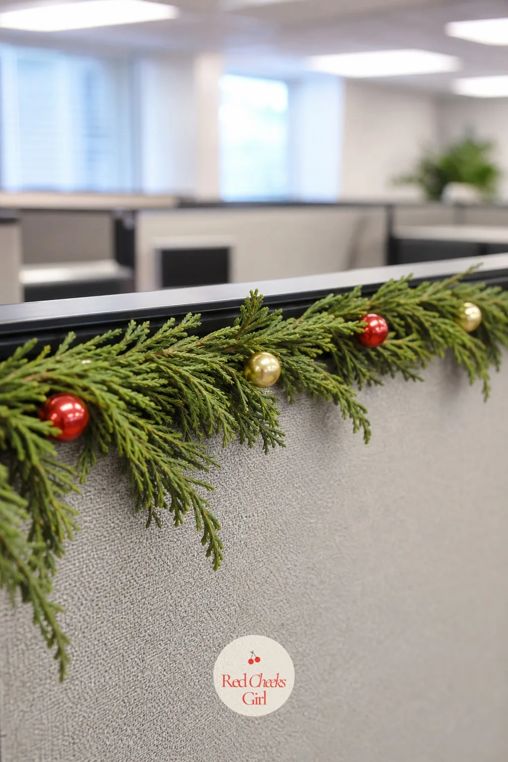 Faux Cedar Garland Along the Panel Top — The grey felt panel at eye level is the least festive surface in the building, and a slim run of garland along its top