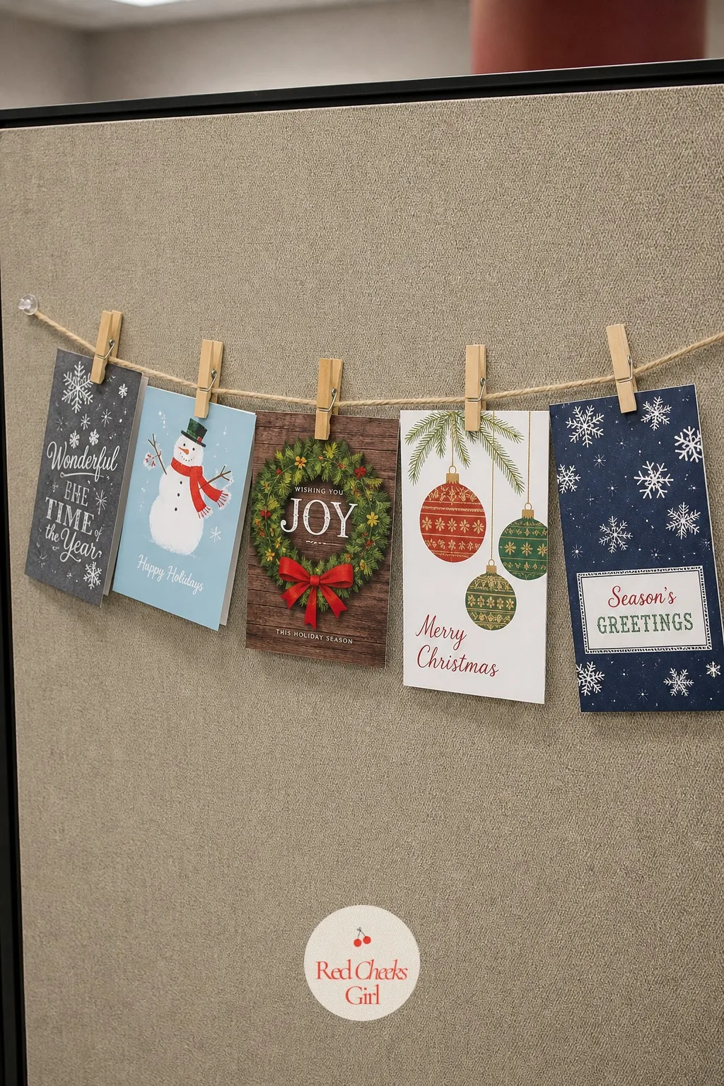 Holiday Cards on a Mini Clothesline — The cards that arrive through December usually end up stuffed in a drawer, which wastes the whole point of someone