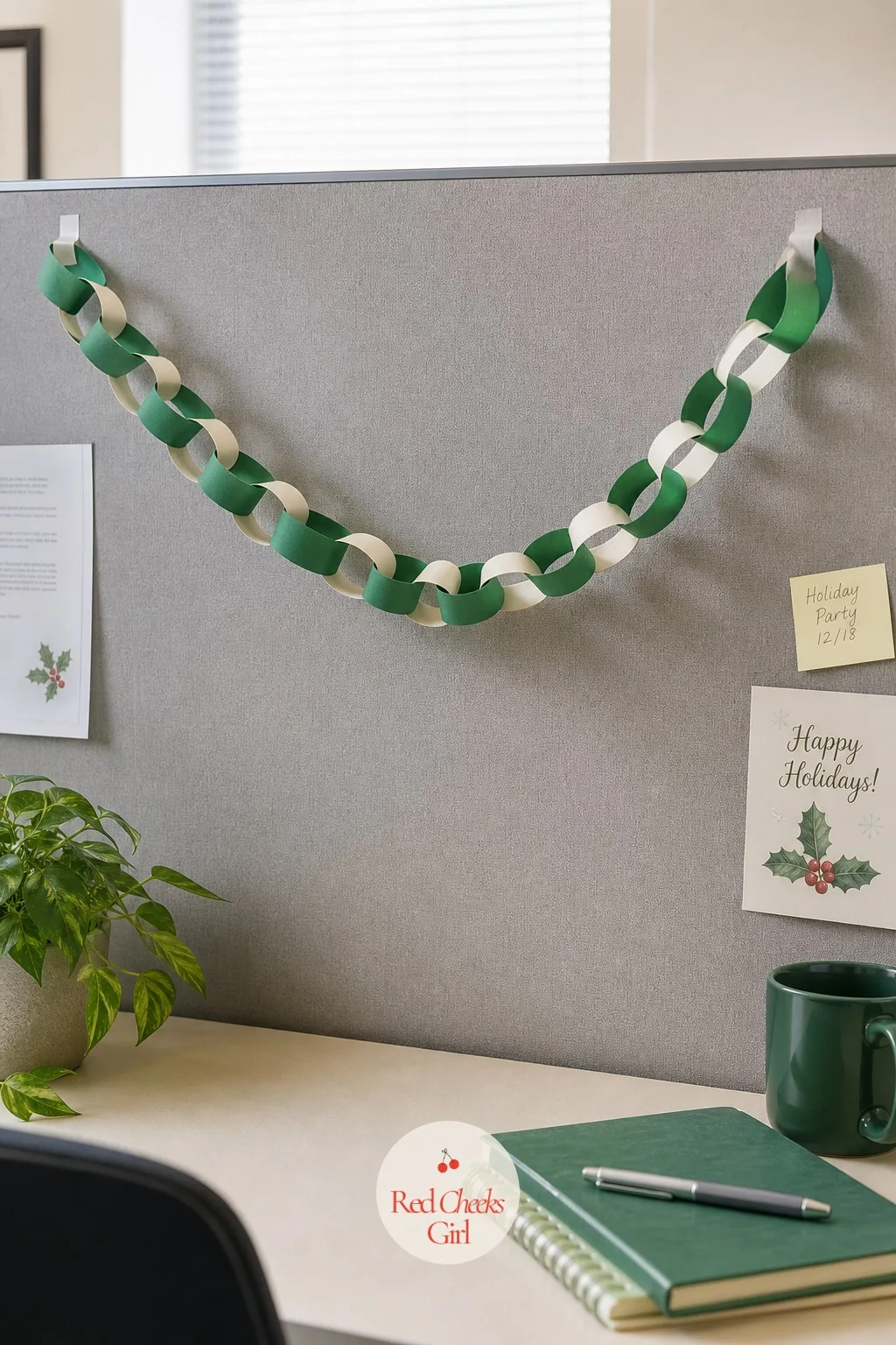 Paper Chain Across the Inside Wall — The plain inside wall of a cubicle is wasted space, and a paper chain fills it for the price of one pad of construction