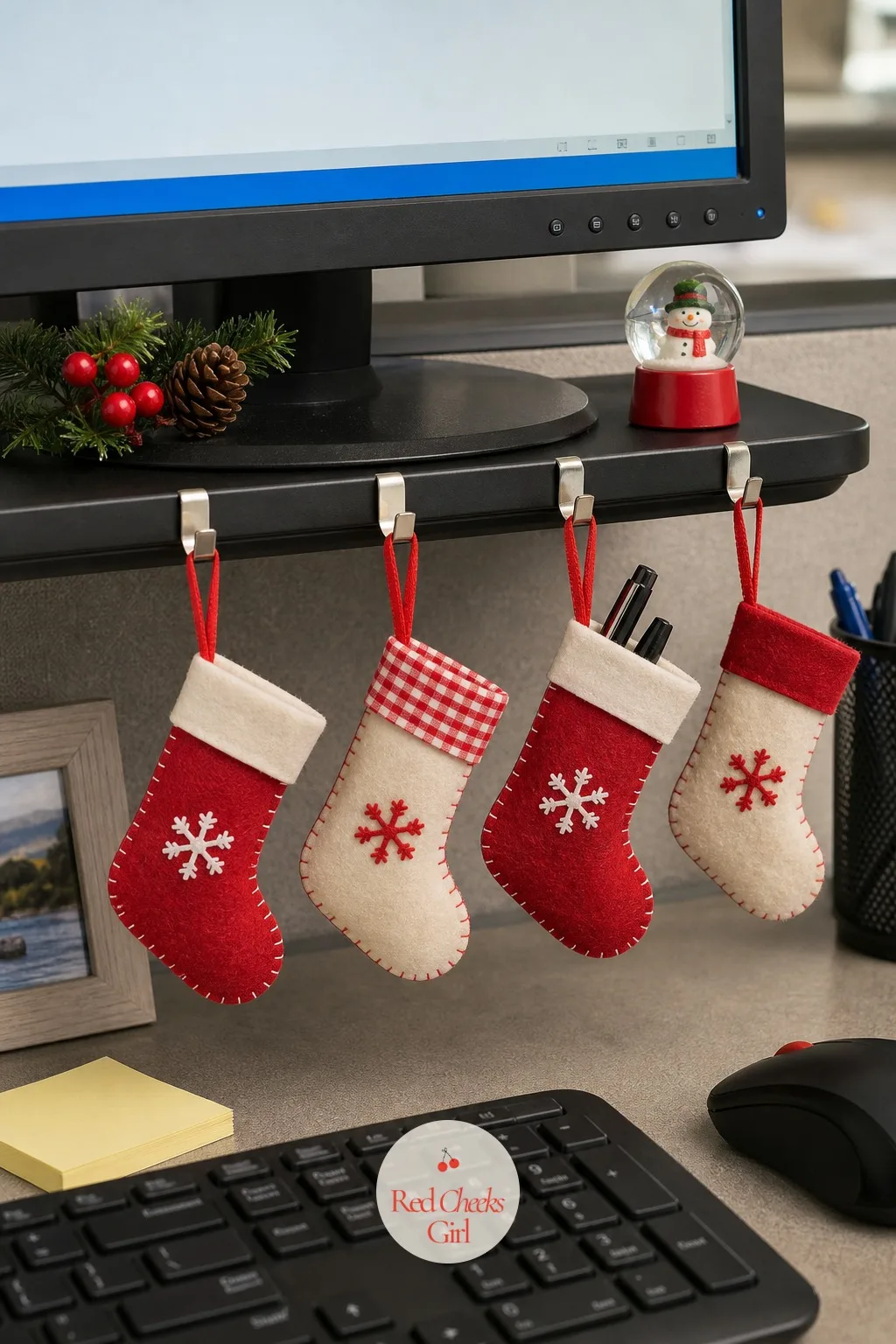 Stockings on the Monitor Shelf — The narrow shelf under or beside the monitor is the one surface a cubicle actually has to spare, and a row of mini stockings