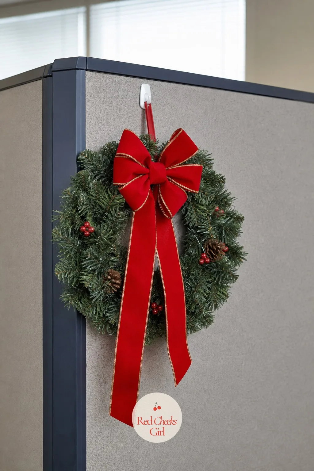 Wreath on the Cubicle Panel — A wreath says Christmas faster than almost anything else on this list, and it needs exactly one hook to do it. Office christmas