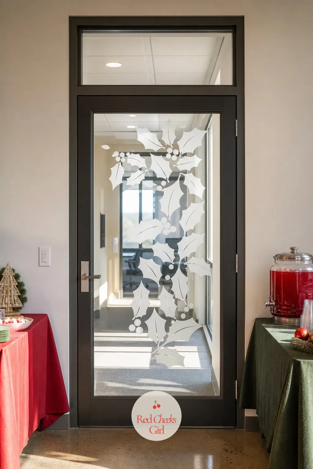 A Glass Door Dressed With Removable Frosted Holly Clings — Glass office doors see constant hands and shoulders through them, so anything stuck on needs to come