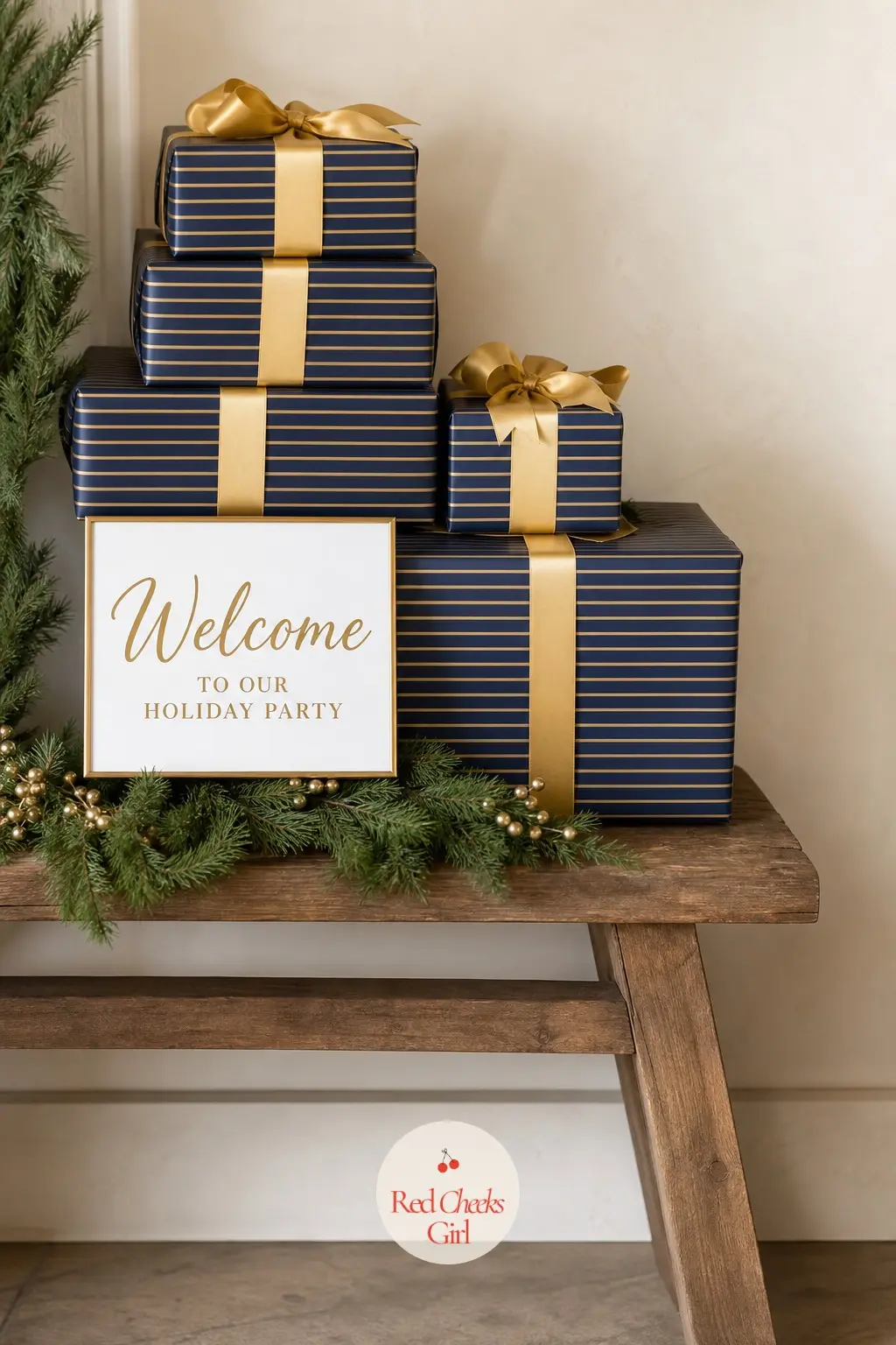A Low Bench Styled With Stacked Striped Gift Boxes as a Welcome Display — A bench already sitting in a lobby can hold a stack of wrapped boxes instead of