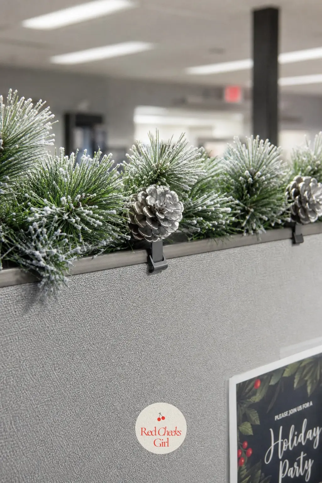A Magnetic Greenery Garland Clipped Along the Cubicle Partition — Magnetic garland clips to a metal partition without tape, pins or any mark left behind when