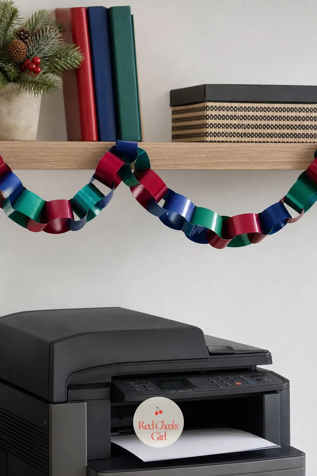 A Shared Printer Alcove Topped With a Paper Chain Garland in Jewel Tones — The printer alcove is the one spot everyone passes but nobody ever decorates, which