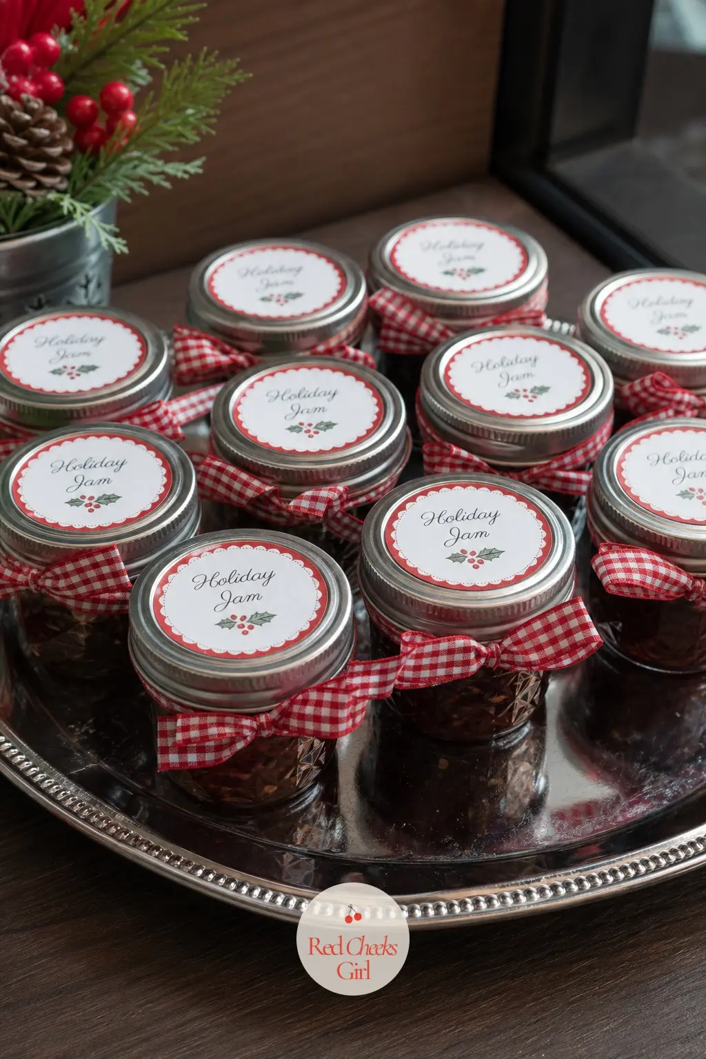 A Tray of Mini Jam Jars Tied With Ribbon for Desks to Take Home — A silver tray of small jam jars near the office exit works as both decoration and a genuine