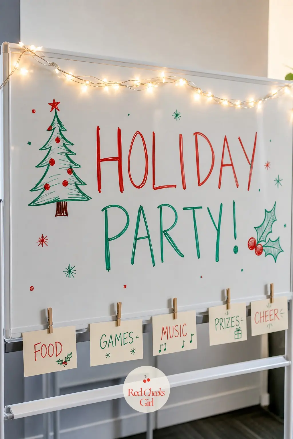 A Whiteboard Framed With a Thin Strand of Warm Lights and Clipped Note Cards — A rolling whiteboard sits in most meeting rooms doing nothing festive at all for