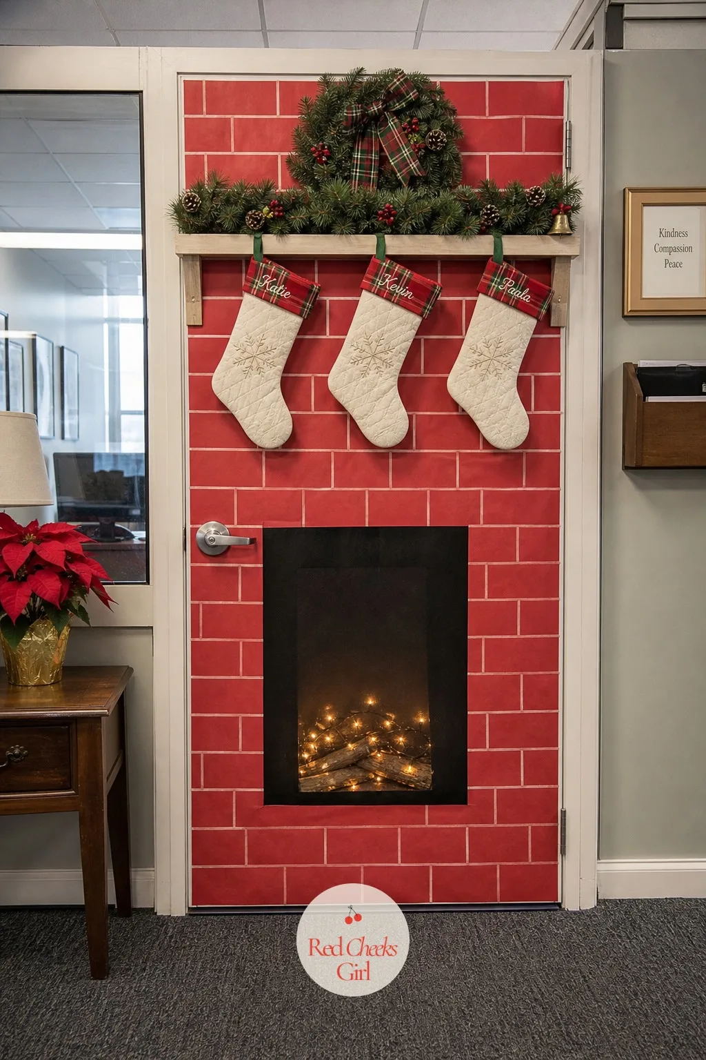 Fireplace with Stockings — This is the door that makes people stop talking mid sentence, because a glowing fireplace feels like an invitation rather than