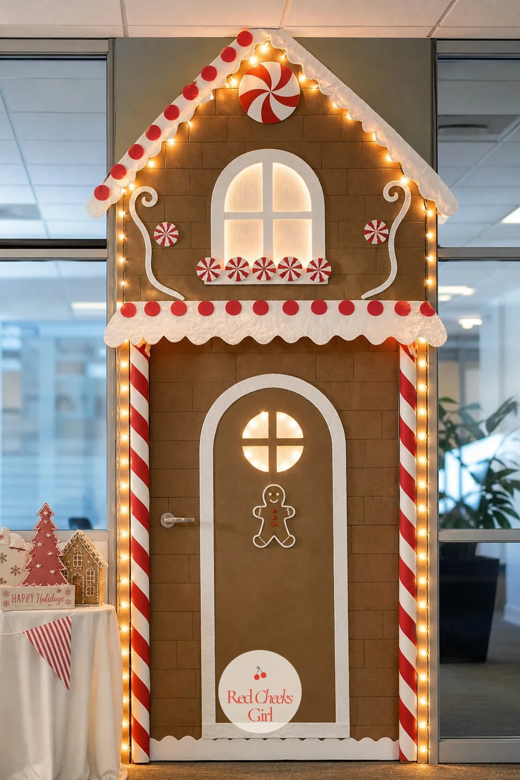 Giant Gingerbread House — Walk past this door and the hallway suddenly smells like cinnamon, even though nothing on it is real. Office door christmas contest