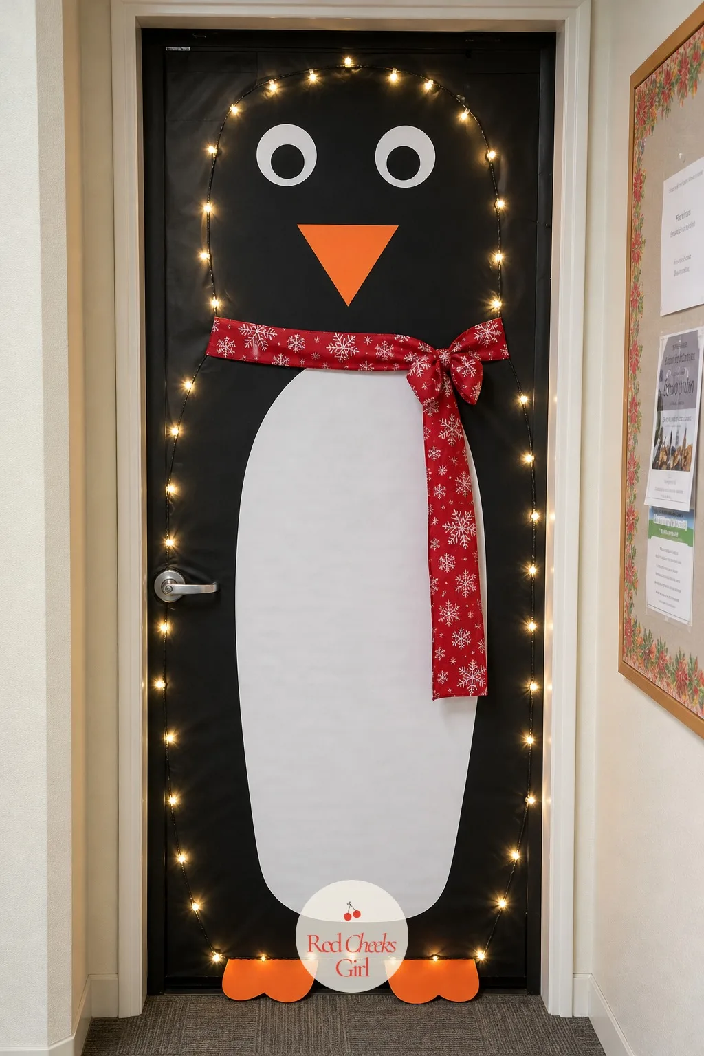 Penguin — A penguin reads as a shape before it reads as a bird, which is exactly why it works from a distance. Office door christmas contest