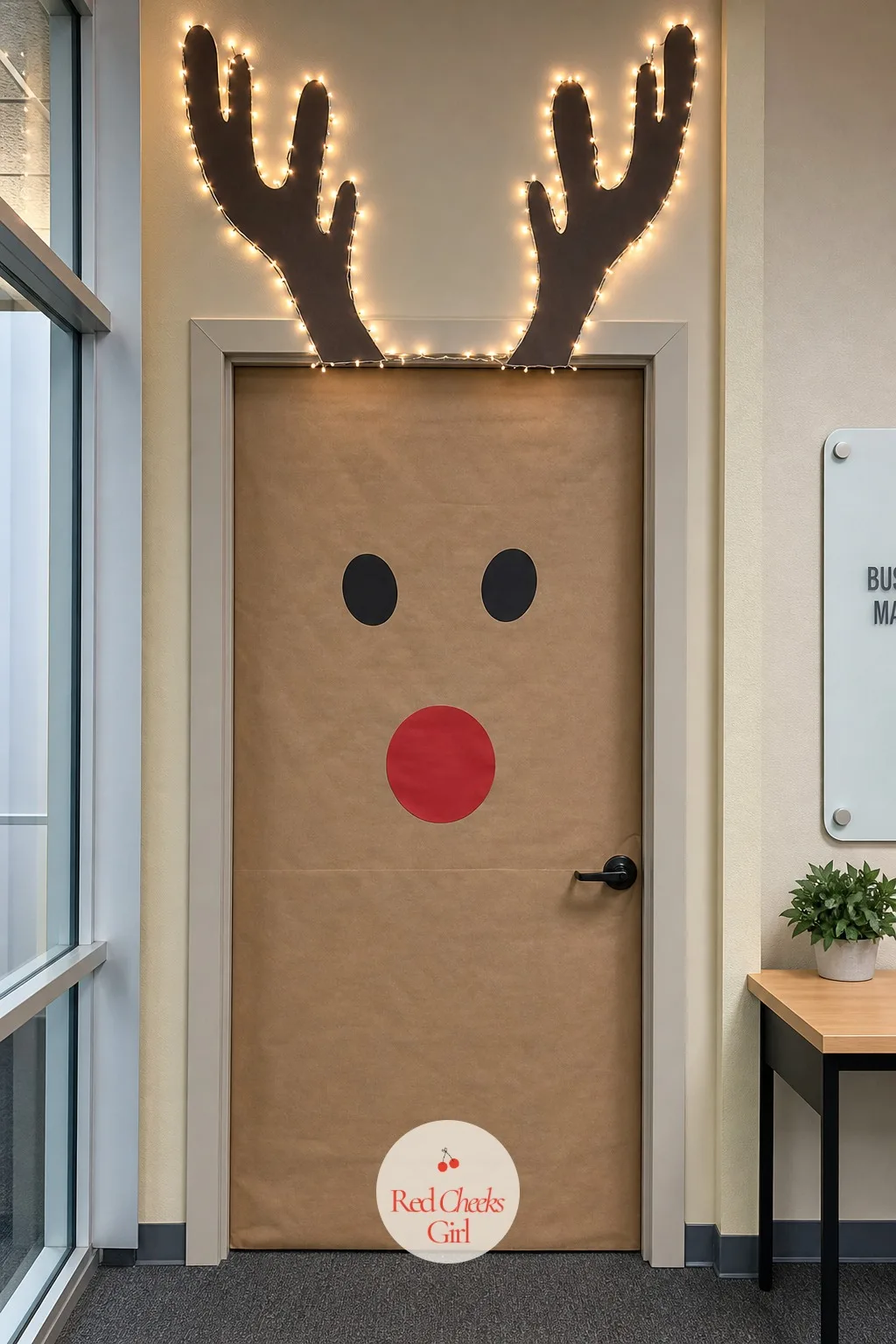 Reindeer — A reindeer face leans friendly rather than formal, which suits a department that wants festive without looking try hard. Office door christmas