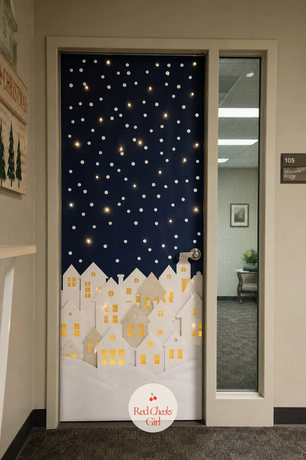 Winter Village — A village glowing at the bottom of a dark door reads like a hillside seen from a plane window, and that small sense of distance is what makes